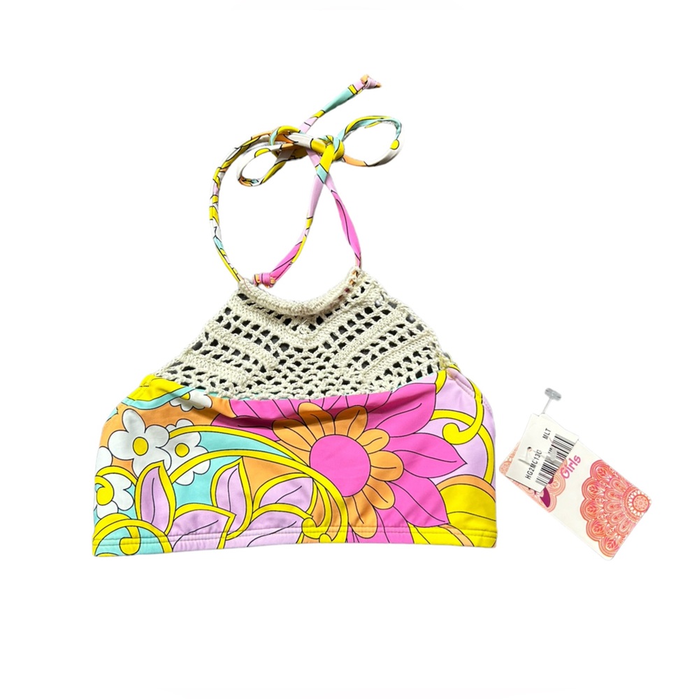 HOBIE girls Woodstock crochet floral halter style bikini swimsuit top size 7 NWT